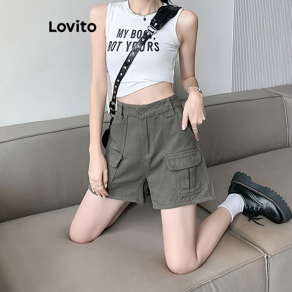 Detalhes do Lovito Casual Shorts Feminino Liso com Botão e Bolso LNA27173 (Cáqui)