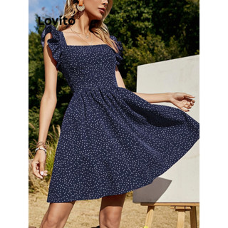 Lovito Elegante Vestido Feminino de Bolinhas com Babados e Fecho Traseiro LBL09151