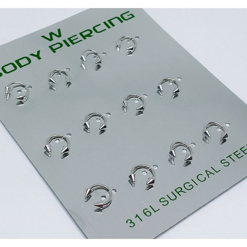 Piercing De Ferradura Spike Aço Inox Septo Prateado 6mm 8mm 10mm Cartela com 12 Unidades