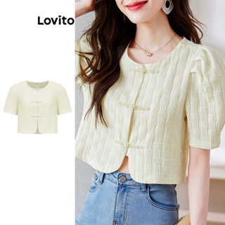 Lovito Blusa feminina casual com pérolas lisas e botões LBA82014