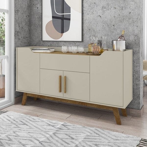 Buffet Aparador 1 Gaveta 4 Portas Retro Pés De Madeira Future Off White/Cinamomo - Home & Living