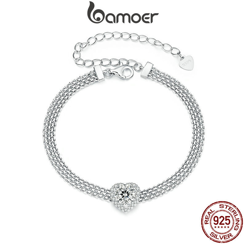 Bamoer 925 Sterling Sliver Bracelet Moissanite Pulseira Jóias Tecidas Com Coração Para Mulheres em Oferta na Shopee