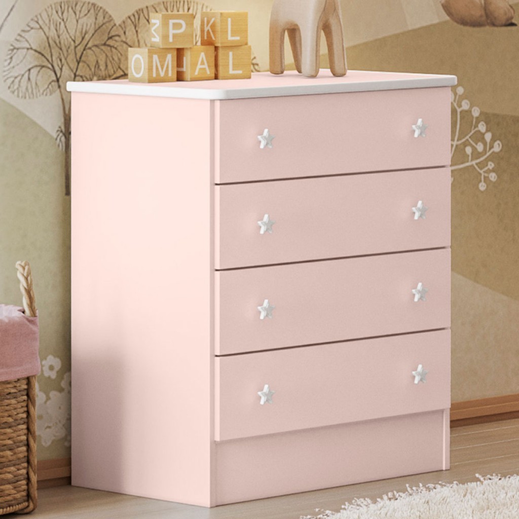 Cômoda Infantil Doce Sonho 4 Gavetas Rosa Acetinado - Qmovi em Oferta na Shopee