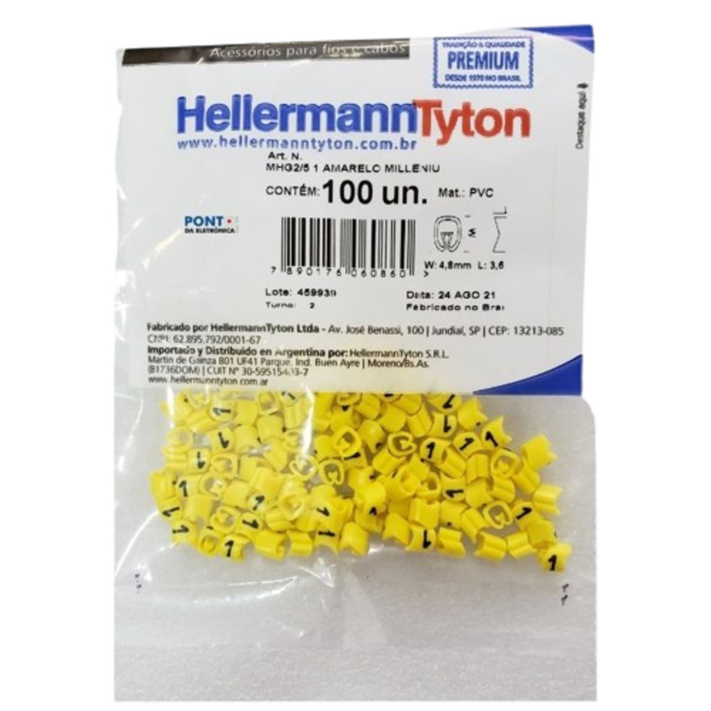Anilha Cabos 0,5-6mm Hellerman Amarela Número 1 - 100 Peças