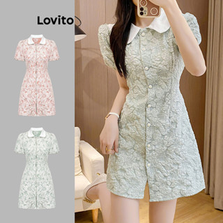 Lovito Elegante Vestido Jacquard Floral com Botões Frontais para Mulheres L74ED163(Multicolorido)