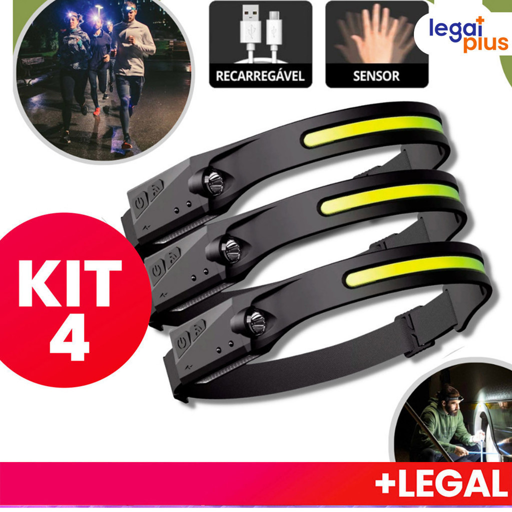 KIT 4 Lanterna de Cabeça Recarregável 3 Led Corpo Motion  Camping Torch Light Lamp Com Usb