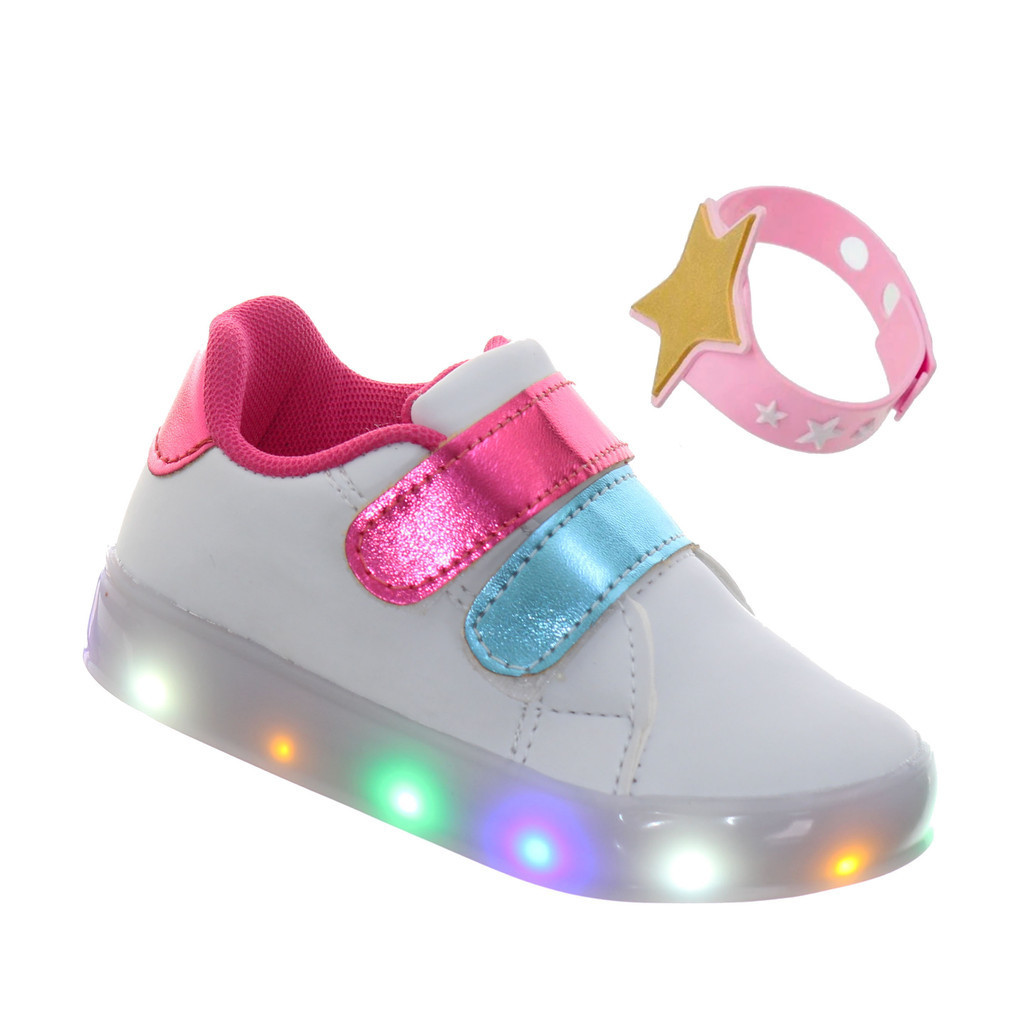 Calçado Infantil Menina com Luzinha de Led Branco + Pulseira Rosa