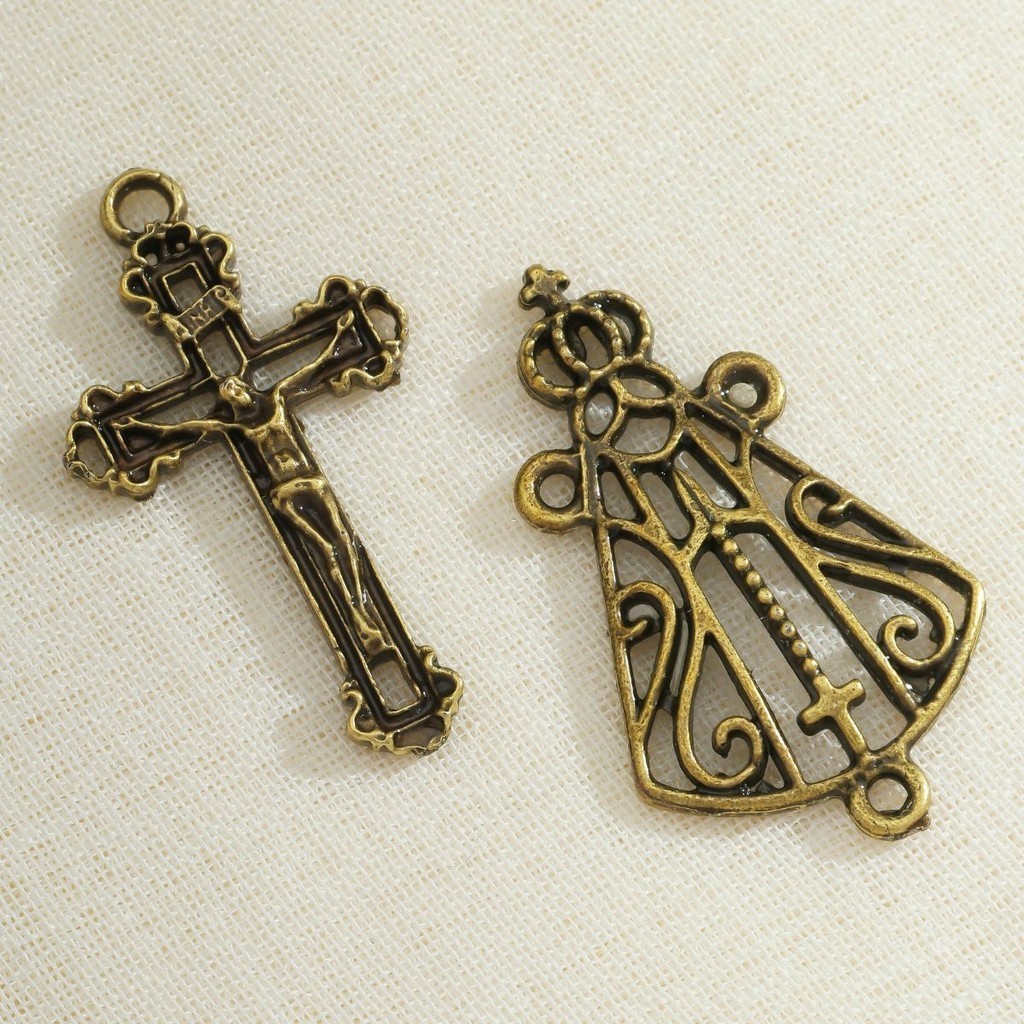 30 Entremeios Para Terço + 30 Crucifixos Ouro Velho / Prata Nossa Senhora Aparecida Alta Qualidade Peças Para Terço