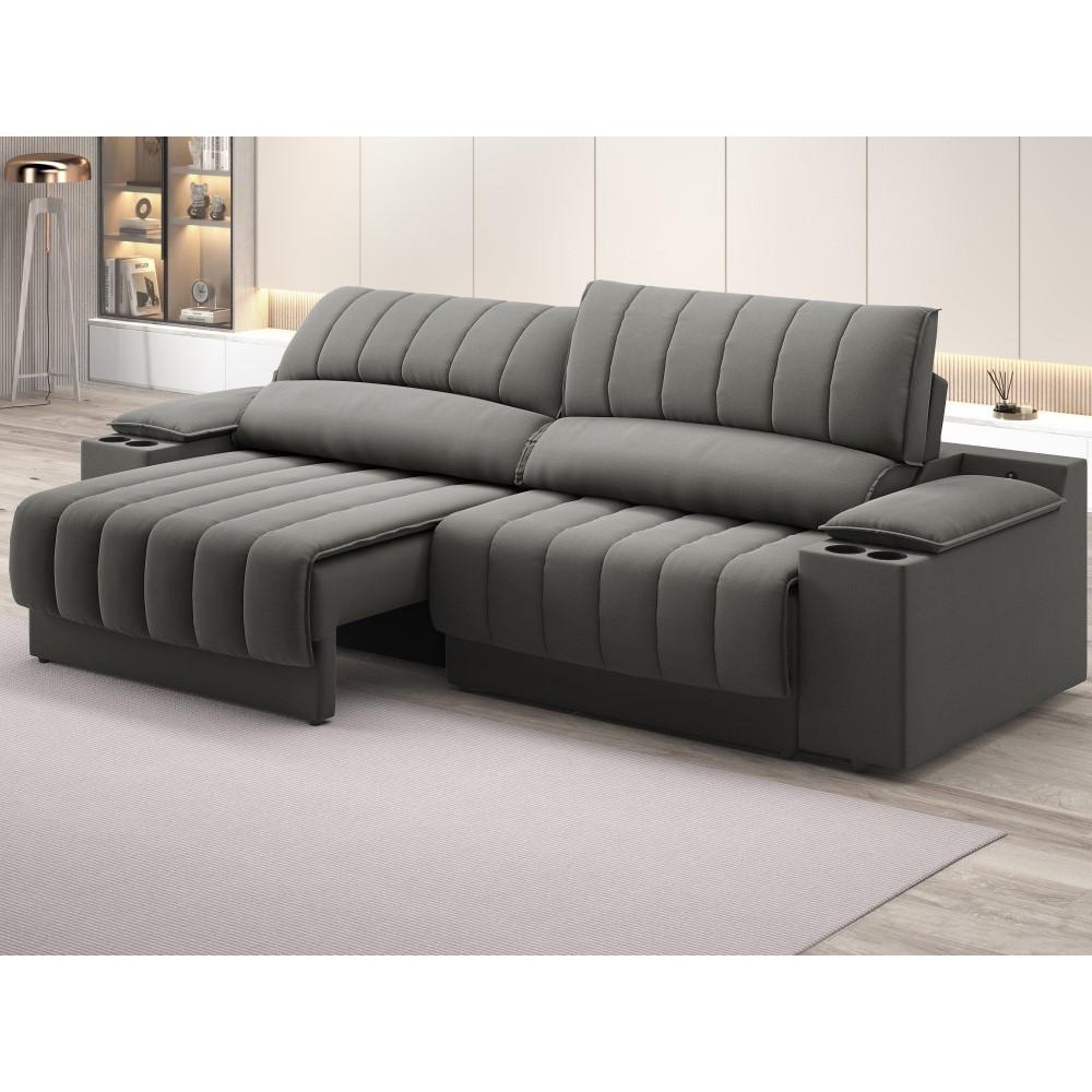 Imagem Sofá com Porta Copos Carregador USB Ret Rec Murano 2,30m Velosuede Cinza - NETSOFAS