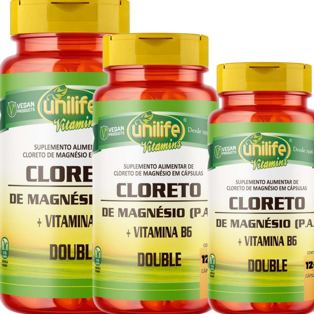 KIT 3 - CLORETO DE MAGNÉSIO P.A E VITAMINA B6 -120 CAPSULAS - UNILIFE