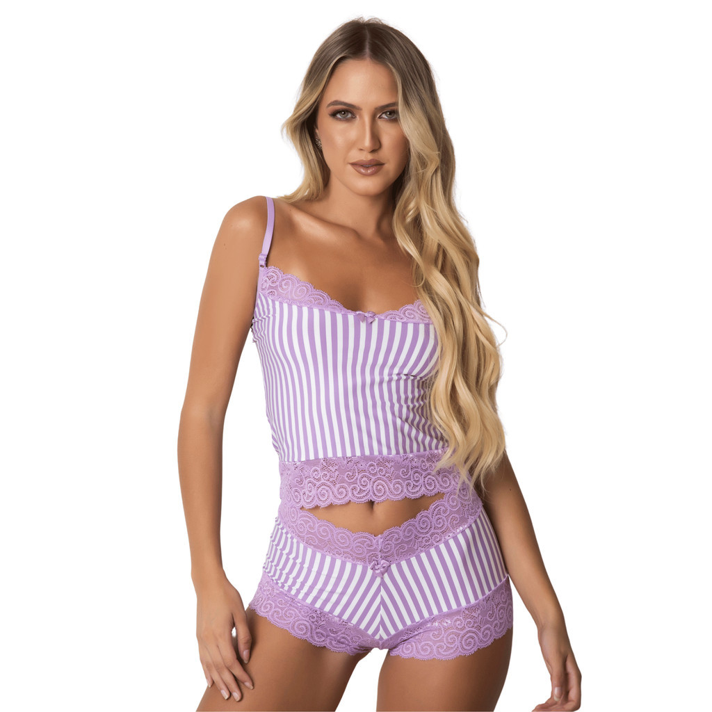 Baby Dool Feminino Listrado Short Doll Sensual Fresquinho Pijama Sexy  Rendado