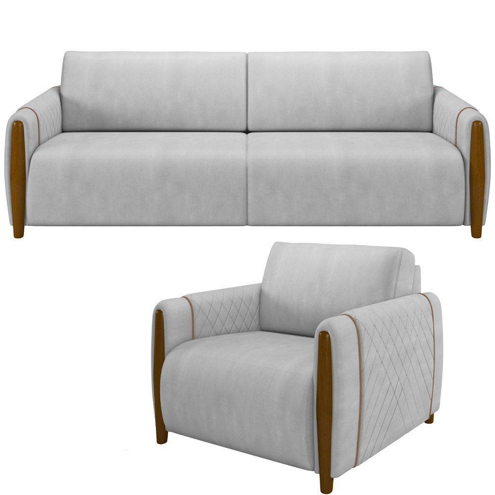 Kit Sofá 03 Lugares Sala Estar 223cm Com Poltrona Flora Pés De Madeira M03 Veludo Cinza - Lyam Decor
