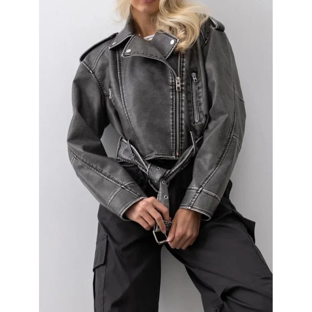 Novo Casaco Curto de Couro Vintage com Cinto Feminino Streetwear Moto Biker