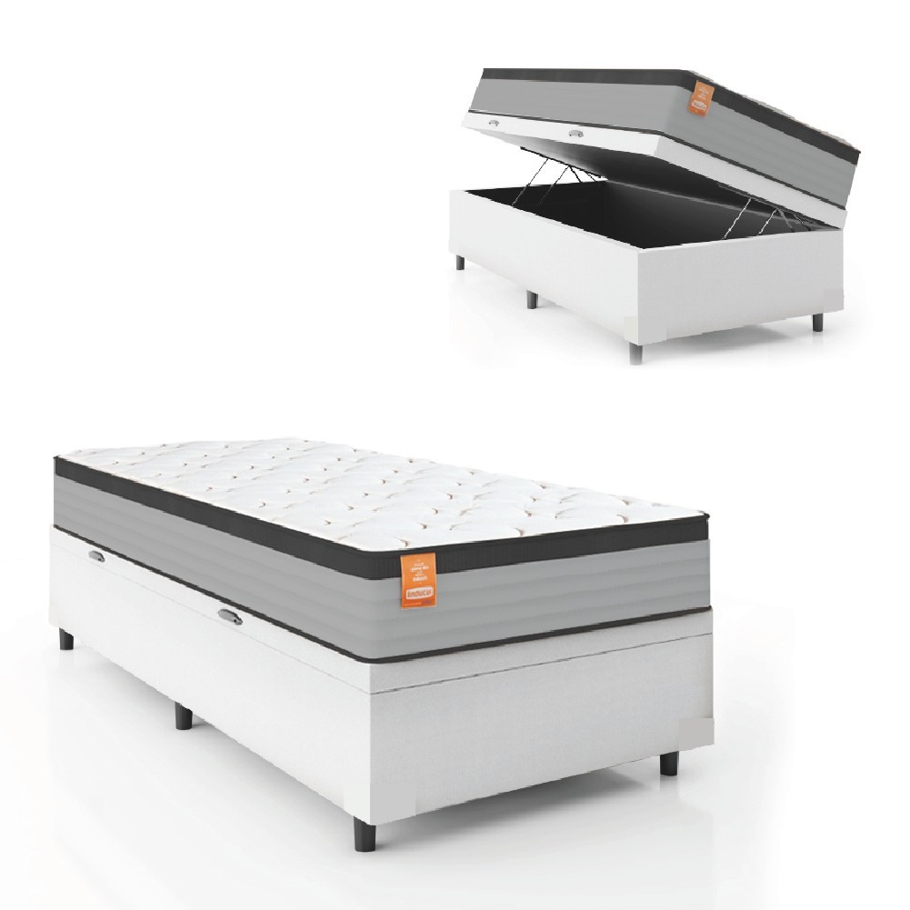 Cama Box Baú Colchão Solteiro Molas Ensacadas Real 88x188x68cm Branco / Preto Inducol