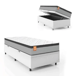 Cama Box Baú Colchão Solteiro Molas Ensacadas Real 88x188x68cm Branco / Preto Inducol