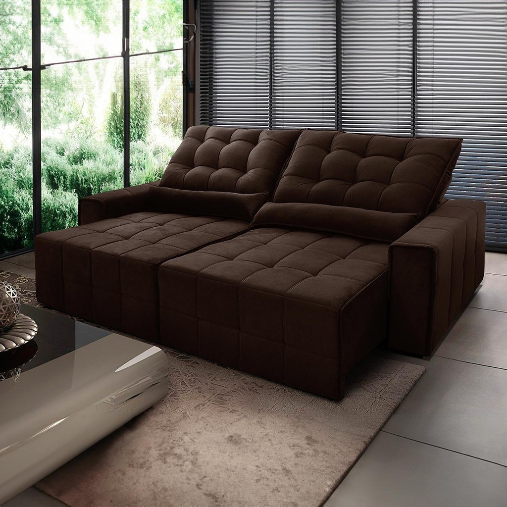 Sofá Retrátil Reclinável Alaska 2,10m Suede Velut Marrom Molas no Assento - King House