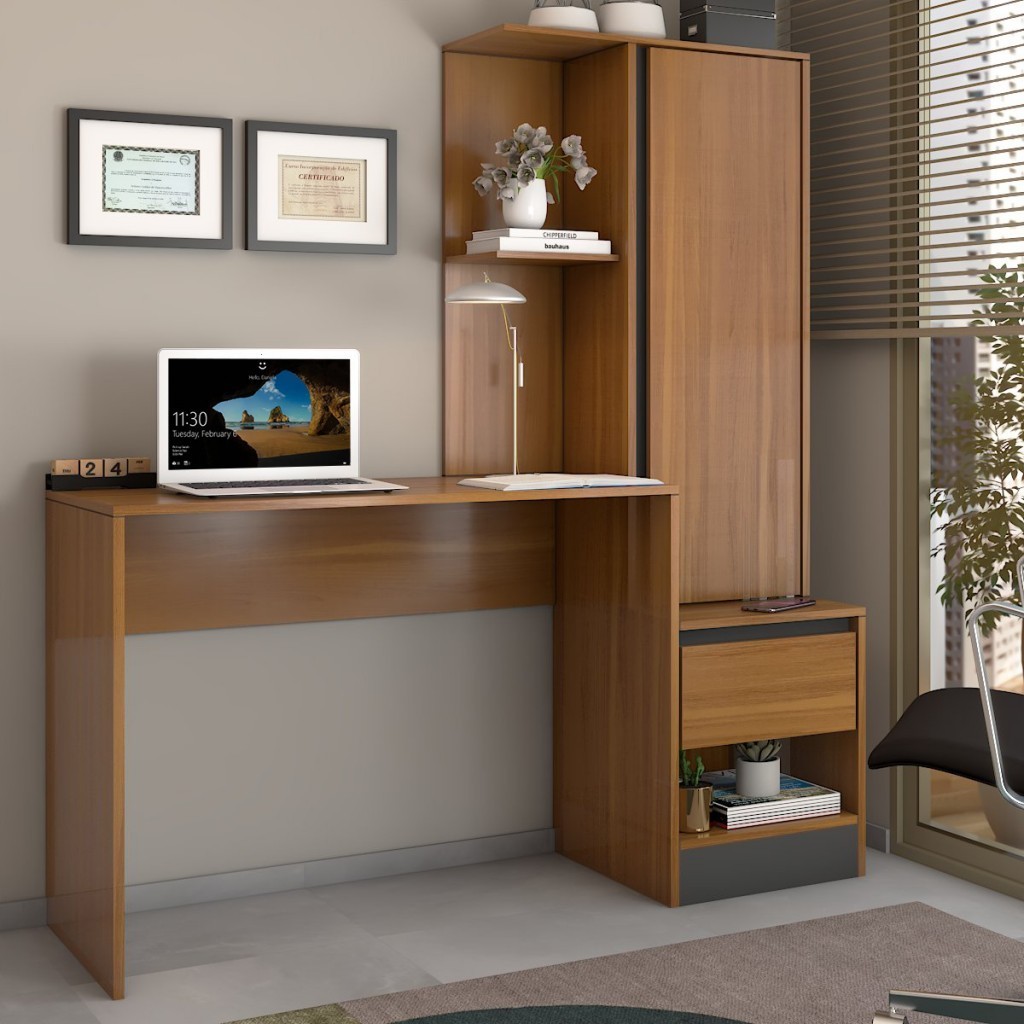 Mesa Escrivaninha Alune com Estante 1 Porta 1 Gaveta Freijó/Grafite - Panorama Móveis em Oferta na Shopee