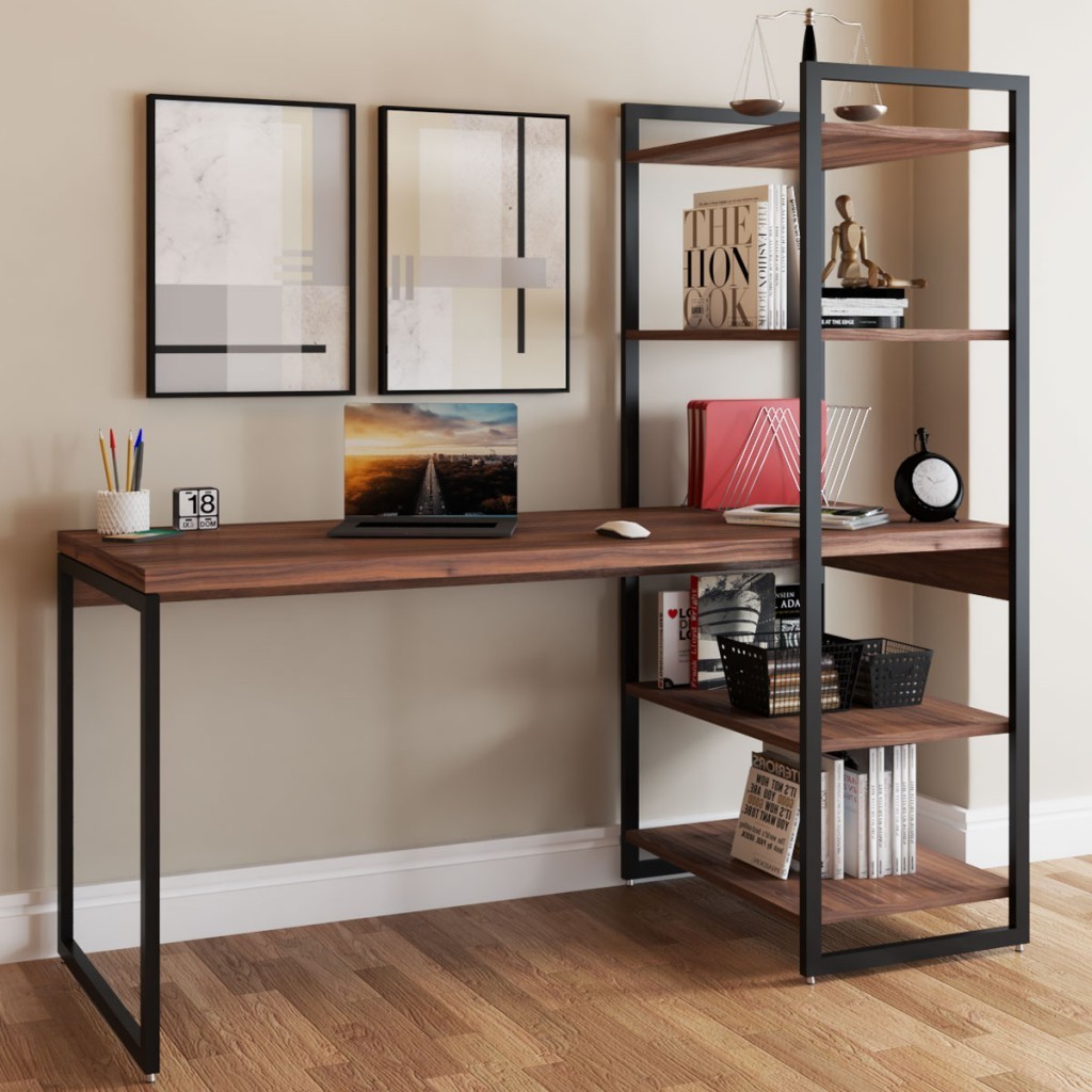 Mesa Escrivaninha Estilo Industrial Aço 4 Prateleiras Nogal/Preto - Panorama Móveis - Home & Living