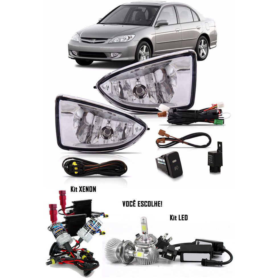 Kit Farol de Milha Neblina Civic 2004 2005 2006 - Botão Painel + Kit Xenon H11 6.000K ou 8.000K