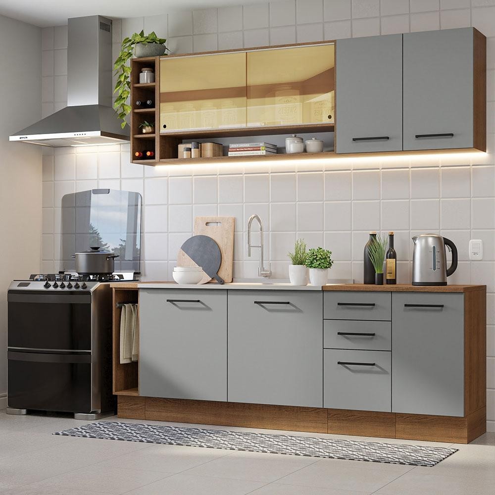 Armário de Cozinha Completa 220cm Rustic/Cinza Agata da Thêmis Madesa em Oferta na Shopee