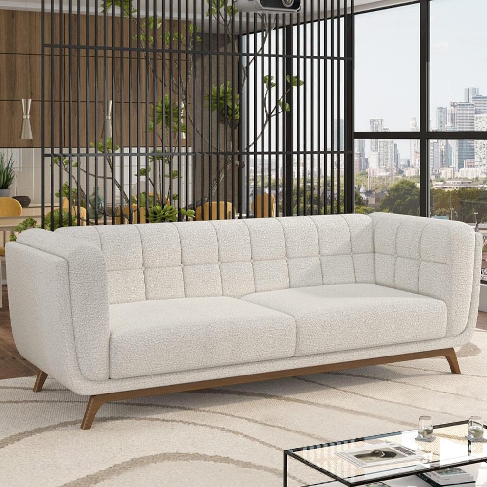 Sofá Decorativo Sala de Estar 240cm Rocket 3 Lugares Base Madeira Boucle Branco G45 - Gran Belo