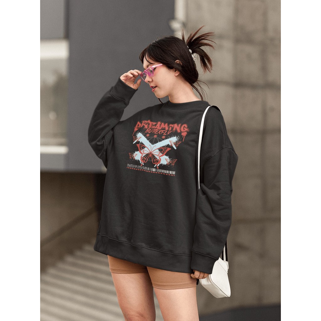 Moletom Blusa de Frio Básico Estiloso Feminino Estampado Gola Redonda Confortável 100% Algodão - Dreaming Butterfly