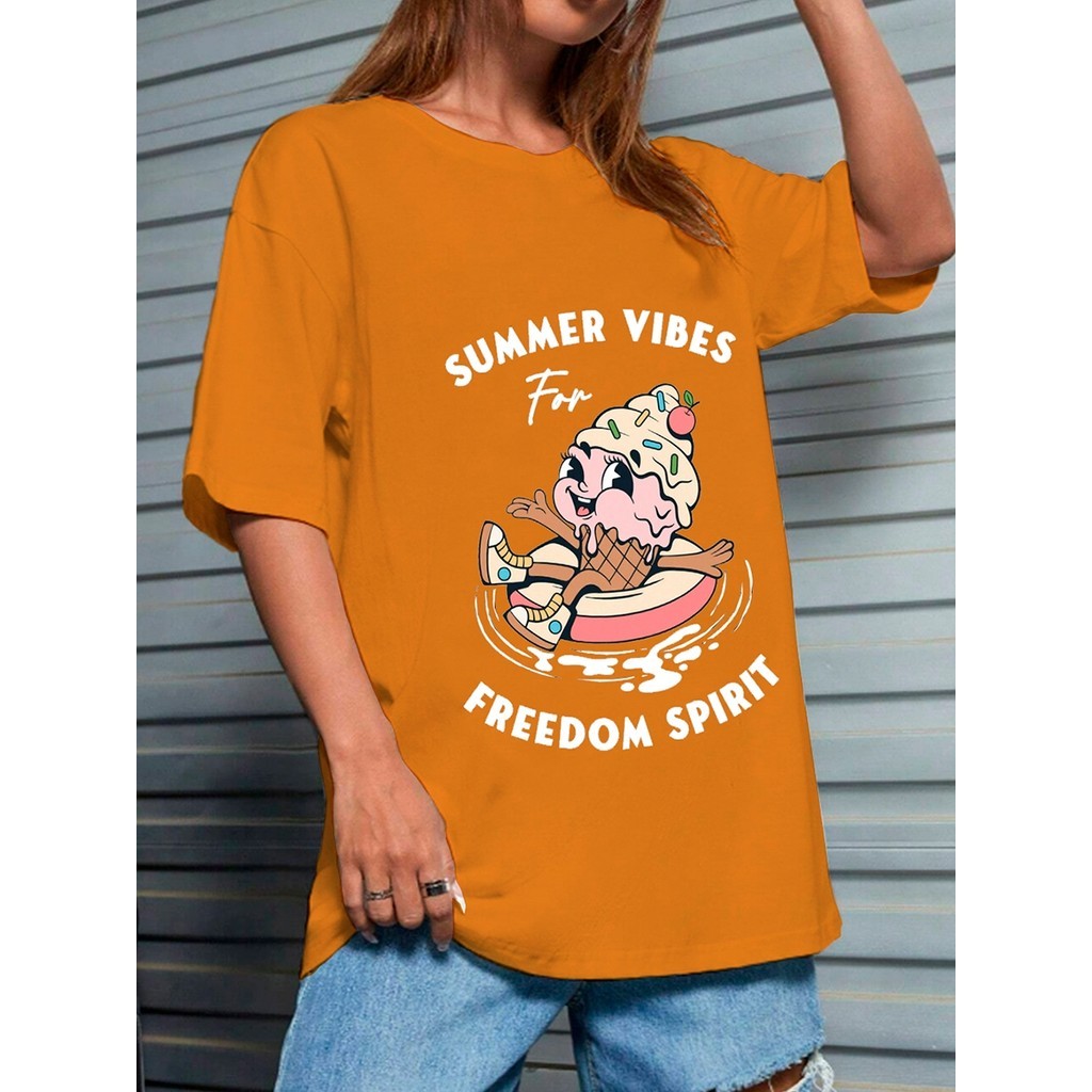 Camiseta Estilosa Confortável Blusa Oversized Street Wear T Shirt Estampada Sorvete Summer Vibes