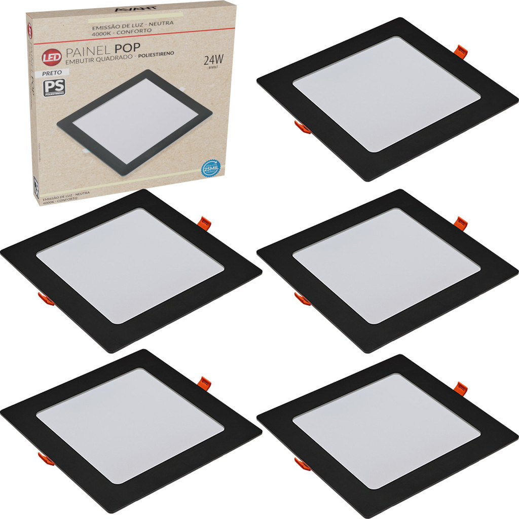 Kit 5 Luminária Painel Plafon 24W Quadrado Embutir Luz Neutra 4000K Led Bivolt 127v 220v Avant
