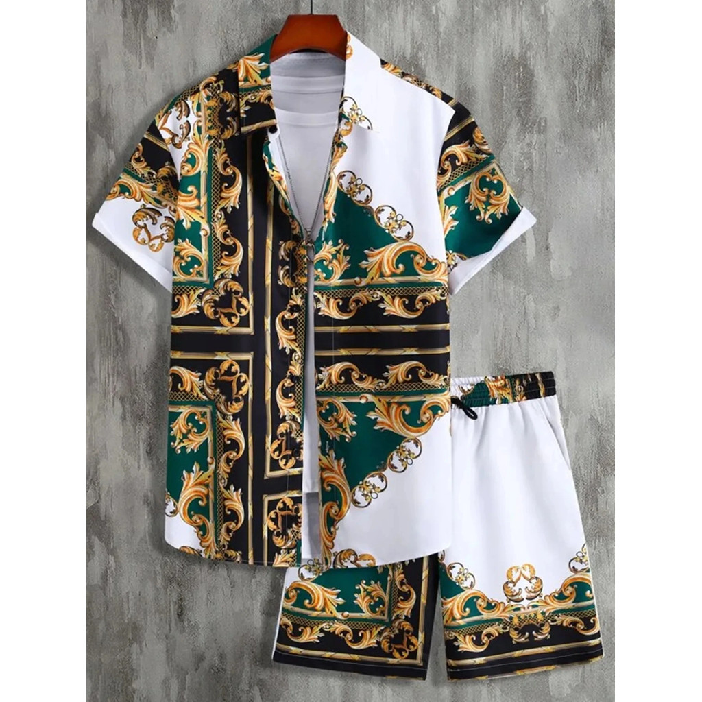 Moda Havaiana Terno Impressão Camisa Masculina 2 Pçs Conjunto De Luxo 3D Férias Manga Curta Casual Praia Duas Peças Home