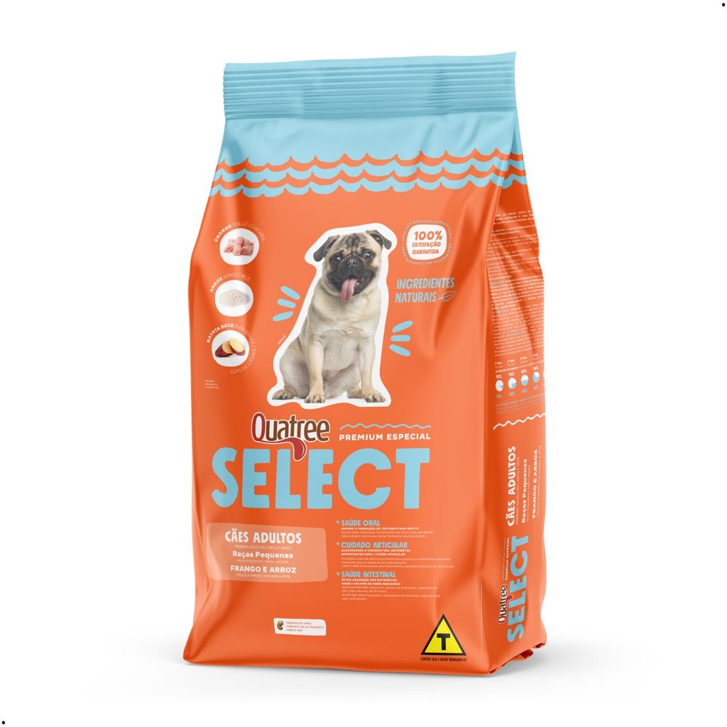 Ração Quatree Select Cães Adultos Raça Pequena Sabor Frango e Arroz 15Kg Alimento Premium Especial