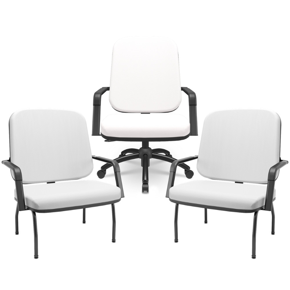 Kit Cadeira de Escritório Giratória e 2 Cadeiras Fixas Preta Magno P03 Vinil Branco - Lyam Decor