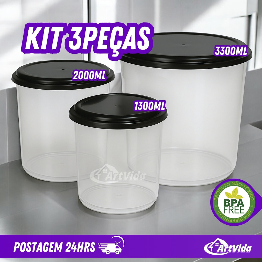 Kit Conjunto 3 Potes Mantimentos Transparente Tampa Preto Vinho BPA Free Microonda Freezer - ArtVida