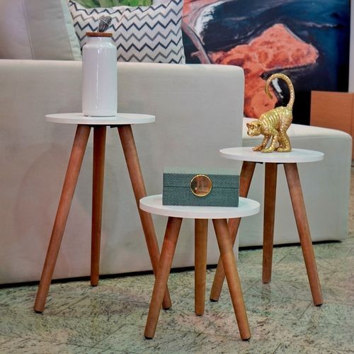 Kit Trio de Mesinhas Lateral Redondas Sala Pé Palito Retro