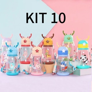 Kit 10 Garrafas Infantil Bebe com Tampa e Canudo e Alça 600ML Chifre