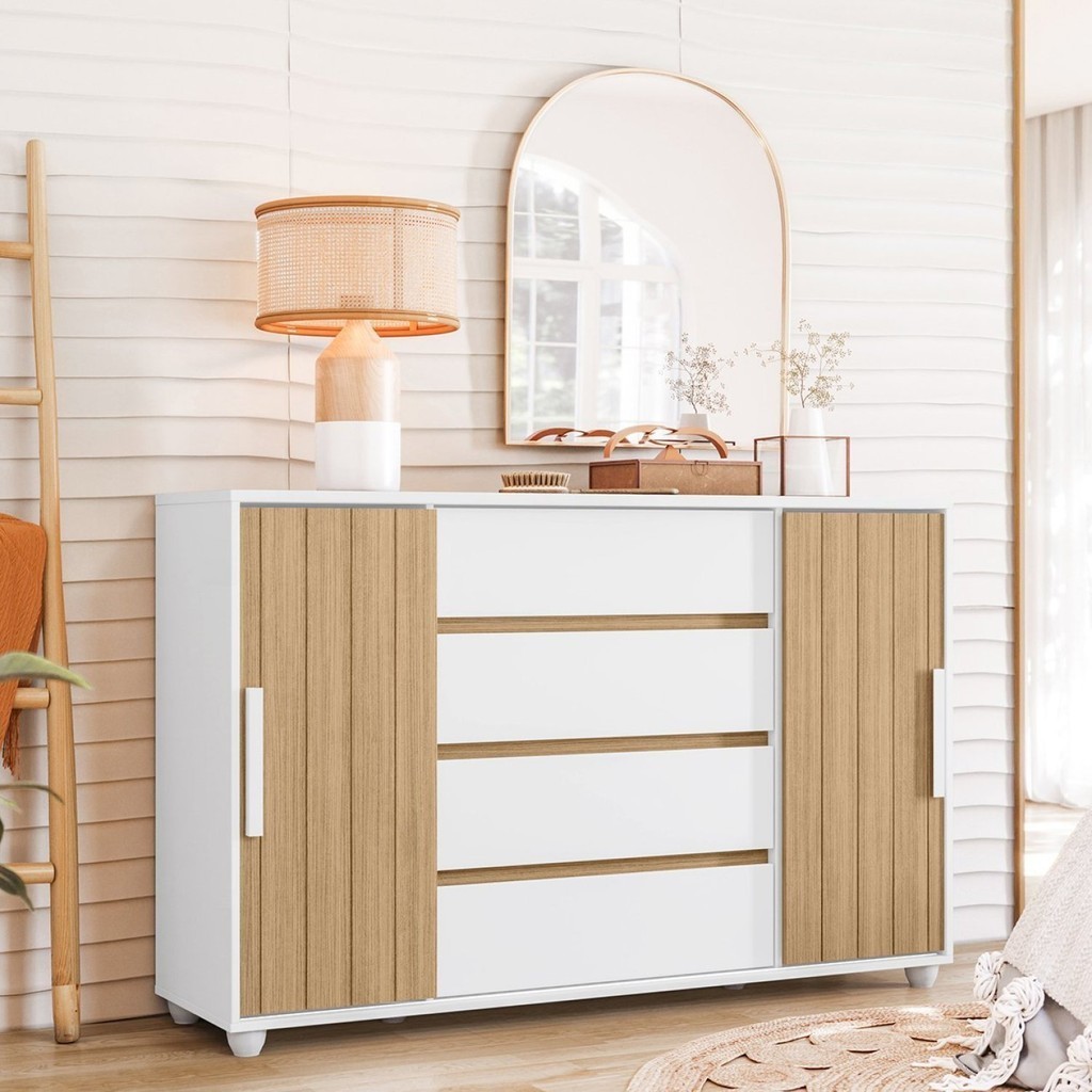 Cômoda 2 Portas Correr 4 Gavetas Evidenza  Branco/Freijó em Oferta na Shopee