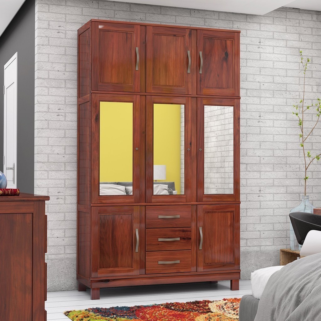 Guarda Roupa Solteiro 8 Portas 3 Espelhos 3 Gavetas e Pés Paris Mogano em Oferta na Shopee