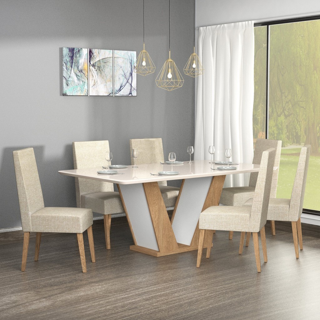 Conjunto Sala De Jantar Veneza Tampo De Vidro 6 Cadeiras Madeira Maciça Eucalipto  Inovata - Home & Living