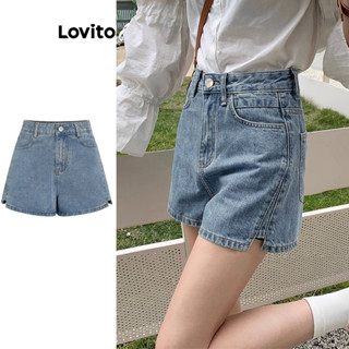 Lovito Casual Shorts Jeans Feminino Liso com Fenda e Bolso L68ED114 (Multicolorido)