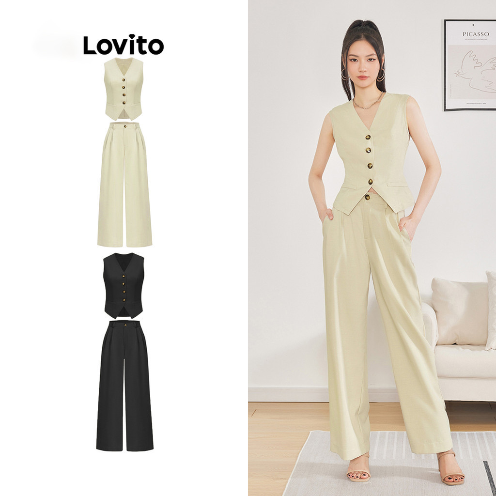 Lovito Conjuntos De Calças Casuais Com Botão Liso E Bolso Frontal Ou Calças Para Mulheres L62ED118 - Women Clothes