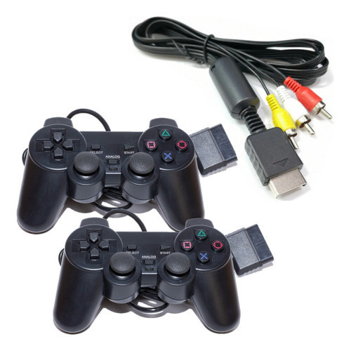 Kit 2 Controles Com Fio E Cabo De Imagem Av Rca Compativel Ps2