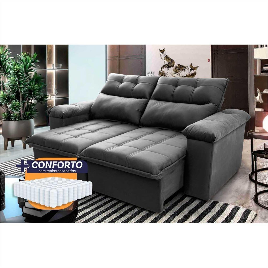 Sofá Retrátil Reclinável Verona 1,80m Suede Velut Cinza Molas Ensacadas - King House - Home & Living