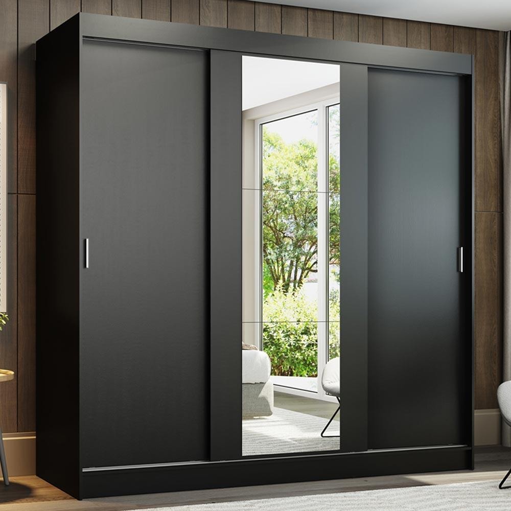 Guarda-Roupa Casal Madesa Reno 3 Portas de Correr com Espelho - Preto - Home & Living