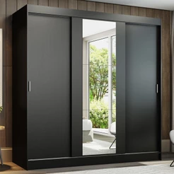 Guarda Roupa Casal 3 Portas de Correr com Espelho Preto Madesa Reno