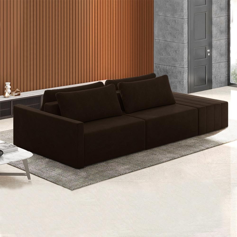 Sofá Ilha Modulado Milos 252cm Puff Lateral Veludo Marrom G33 - Gran Belo