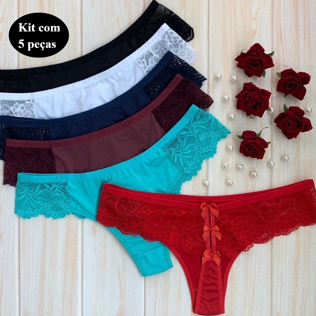 Kit 5 Calcinha Plus Size Tanga Fio Dental  Detalhes de Renda e lacinhos atrás