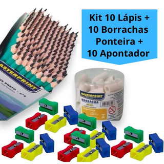 Kit 10 lápis de Escrever Nº2 Preto + 10 Borracha Ponteira Branca + 10 Apontador simples E…