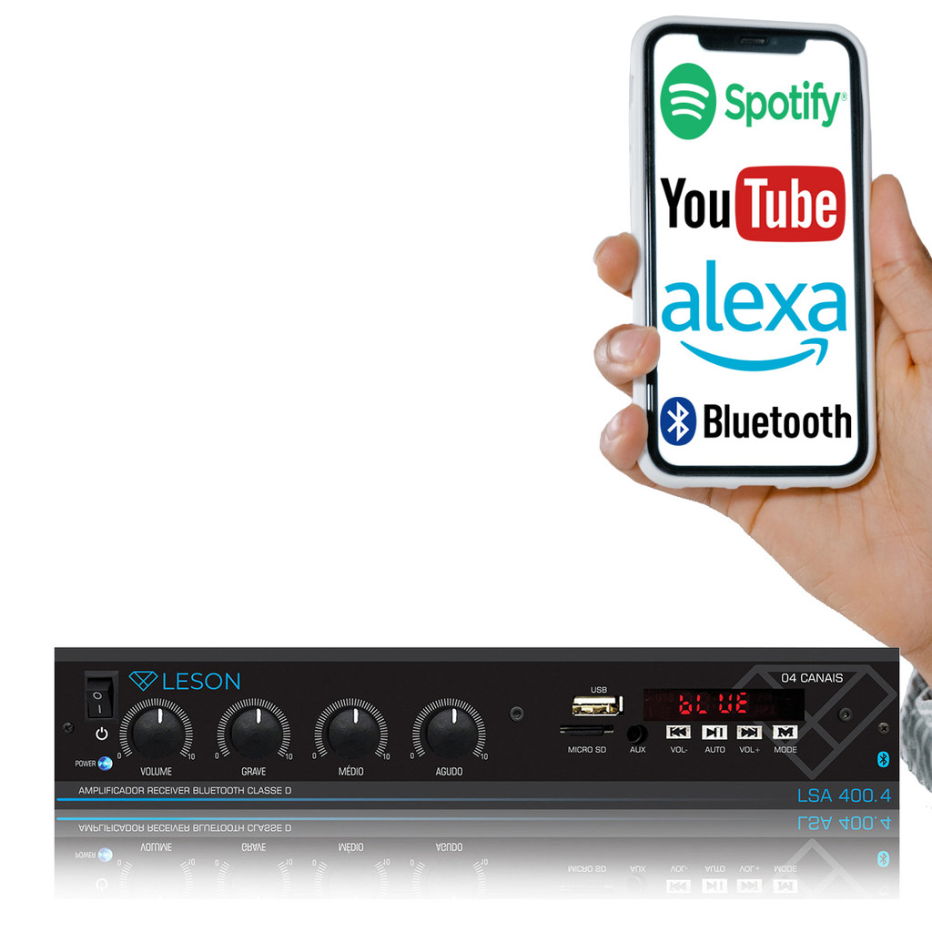 Amplificador Receiver Som Ambiente Leson Bluetooth Usb 4 Canais LSA 400.4 60w Rms
