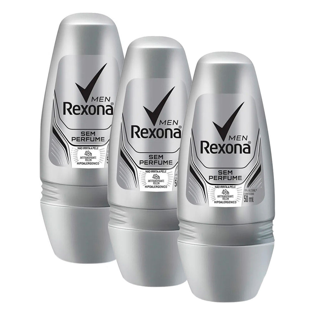 Kit 3 Desodorante Rexona Men Sem Perfume Roll-on Antitranspirante 48h 50ml - Beauty