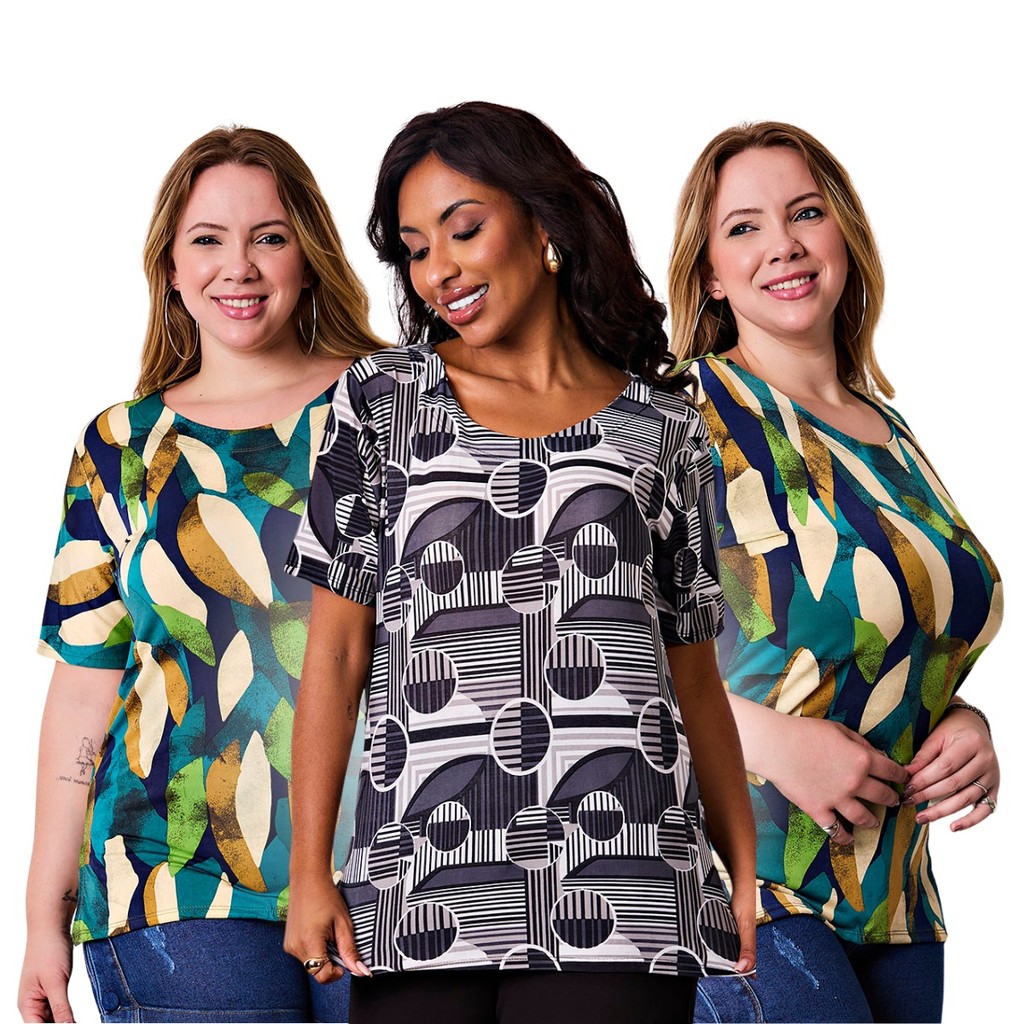 Kit 3 Blusas Feminina Manga Curta Estampada Liganete Elegante