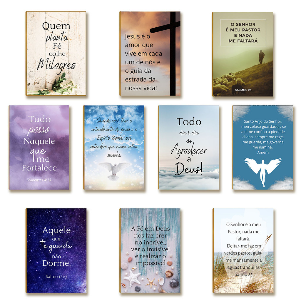 Kit 10 Placas MDF Frases Bíblicas Cristãs Salmos Fé FE18